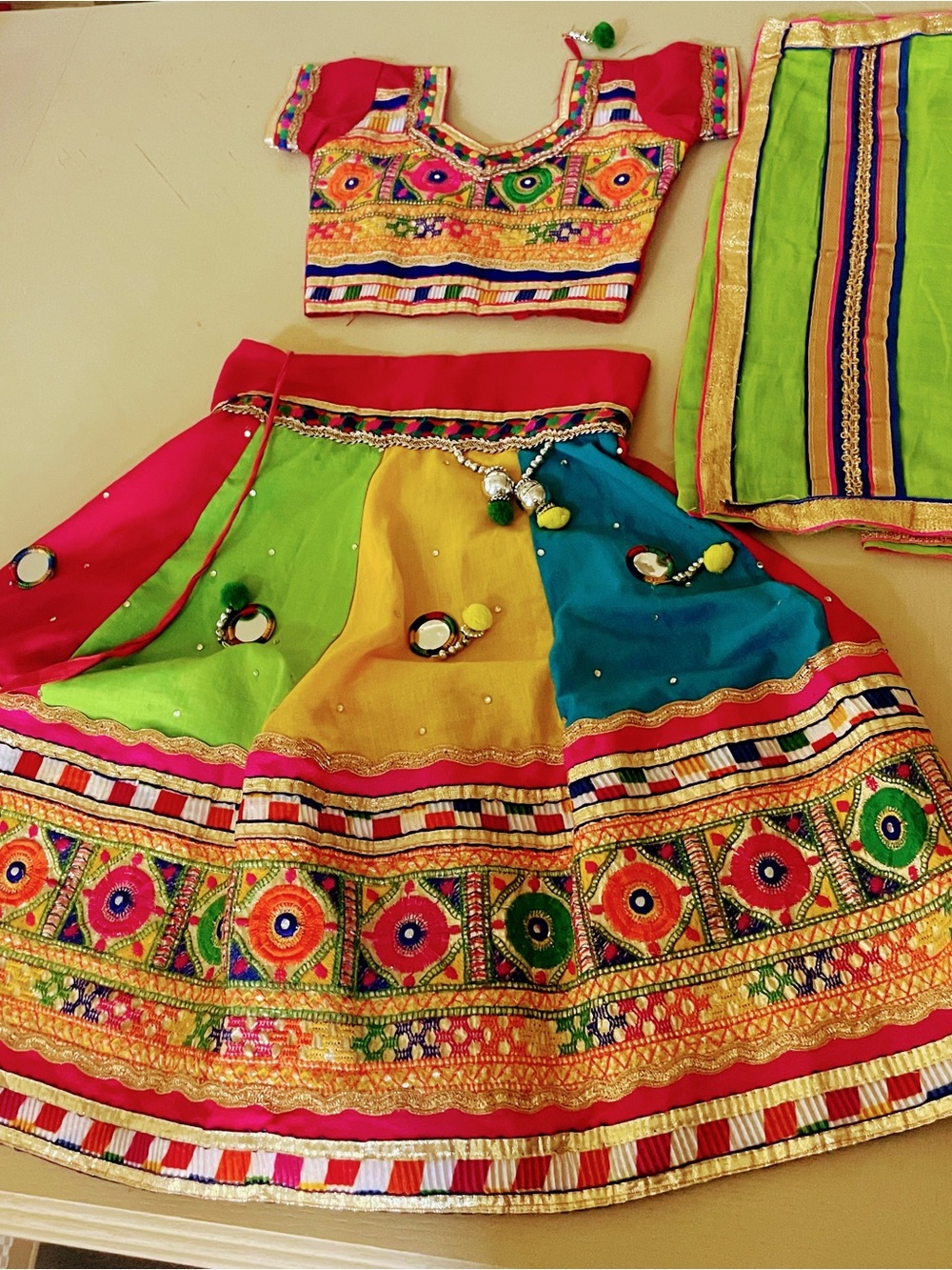 Girls Multicolor Traditional Lehenga Choli - Bright Pink, Green, Yellow & Blue